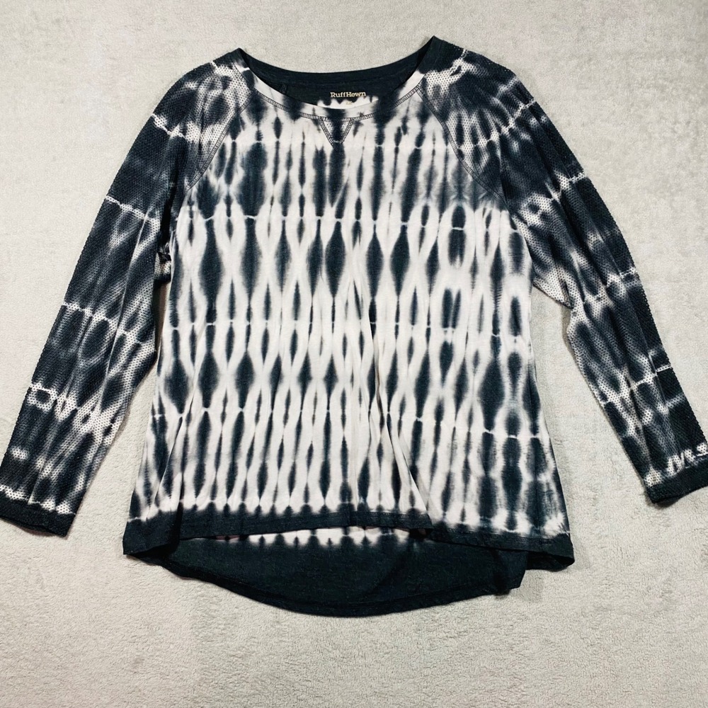RuffHewn Tie Dye Top Women 2X Black White Mesh Raglan Sleeve High Low Hem